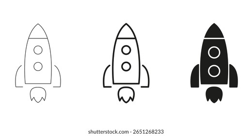 Rocket Launch Icons In Line, Outline, And Glyph Icon Set. Space Exploration And Innovation Symbol Collection. Ideal For Aerospace, Technology, And Startup Themes. Isolated Vector Illustration.