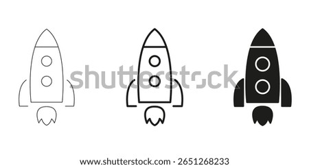 Rocket Launch Icons In Line, Outline, And Glyph Icon Set. Space Exploration And Innovation Symbol Collection. Ideal For Aerospace, Technology, And Startup Themes. Isolated Vector Illustration.
