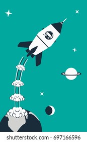 Rocket launch illustration. Rocket with astronaut start from earth. Flat design concept