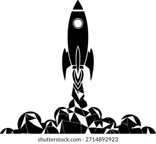 Ilustración del lanzamiento del cohete en blanco y negro que representa la innovación y el avance tecnológico