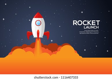 Rocket launch illustration. Product business launch concept design ship vector technology background.