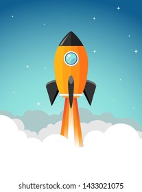 Rocket launch illustration. Product business launch concept design ship vector technology background.