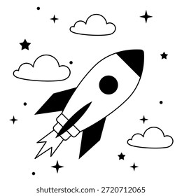 Ilustración del lanzamiento del cohete que simboliza el crecimiento de las startups, el éxito empresarial, la innovación, las nuevas ideas y el progreso. Diseño de Vector de contorno limpio con nubes y estrellas para proyectos de tecnología y marca