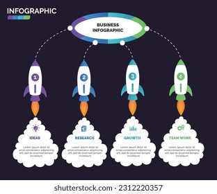 Rocket launch infographic design vector with 4 options, steps, process for presentation, layout, workflow. Creative business concept illustration