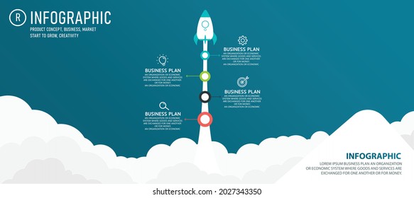 Rocket launch infographic with vector data icon, 4 step options. Abstract art rocket and paper asterisk on blue background. can be used for planning business process banner