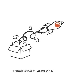 rocket launch from inside the package box illustration in doodle cartoon sketch