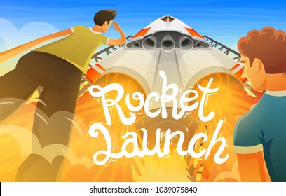 Rocket launch. International spaceship, shuttle in space, bottom view. Technology and science, ship in the sky. people are looking at the take-off of spaceship, concept. explore missile, engine flame.