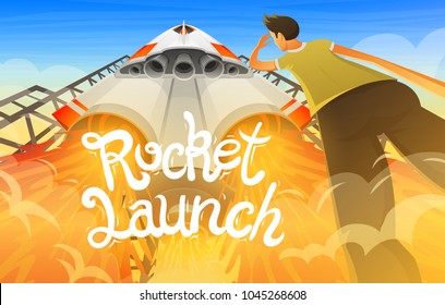 Rocket Launch. International Spaceship, Shuttle In Space, Bottom View. Technology And Science, Ship In The Sky. People Are Looking At The Take-off Of Spaceship, Concept. Explore Missile, Engine Flame.