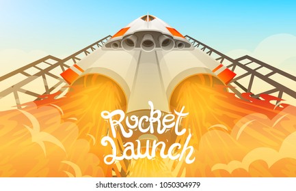 Rocket launch. International spaceship, shuttle in space, bottom view. Technology and science, spaceship or ship in the sky. concept. explore missile, engine flame.