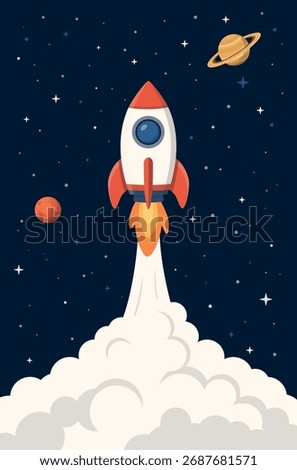 A rocket launch into the night sky leaving a trail of fire and clouds with planets on the background