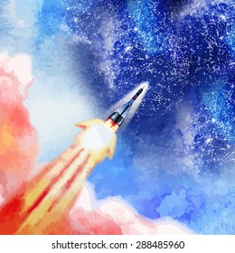 Rocket launch into the open space. Watercolor illustration isolated on white background