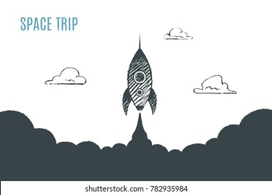 Rocket launch into the Sky. Clouds of smoke background . Vector concept penciling, hand drawn sketch. Space Trip