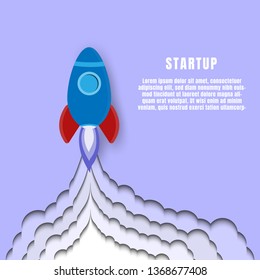 Rocket launch into the sky. Paper art design. Business startup concept.