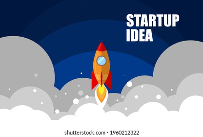 Raketenstart in den Himmel und viel Rauch, Business-Startup-Konzept, frische Idee. produktive Entdeckung von etwas Neuem. flache Vektorgrafik. eps10. isoliert