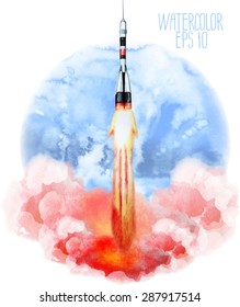 Rocket launch into the sky. Watercolor illustration isolated on white background