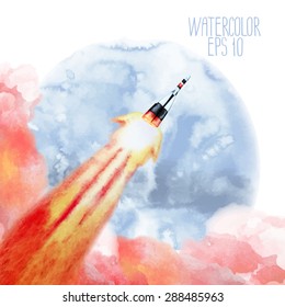 Lanzamiento del cohete al cielo. Ilustración de color de agua aislada en fondo blanco