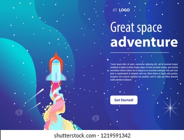 Rocket launch into space. Space adventure. Vector illustration for posters, banners and much more.