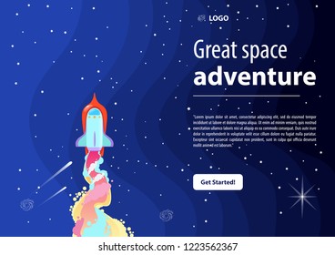 Rocket launch into space. Space adventure. Vector illustration for posters, banners and much more.