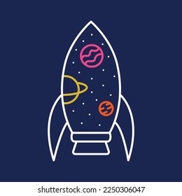 Rocket Launch Into Space with Astronaut and Planet Monoline Design for Apparel