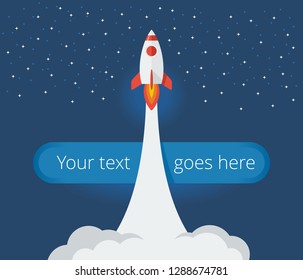 Rocket launch into space - cartoon spaceship with smoky track fly in night sky with stars - vector illustration 