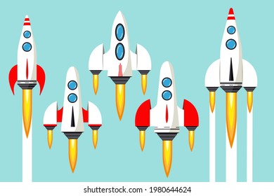 Lanzamiento de cohetes en el espacio. Concepto de una idea, una empresa. Movimiento ascendente. Ilustración vectorial en estilo plano