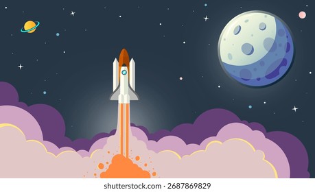 Rocket Launch Into Space With Moon, Stars, And Colorful Clouds Illustration