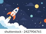 Rocket launch into space with planets and stars in the background. Vector illustration in flat style