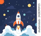 Rocket launch into space with planets and stars in the background. Vector illustration in flat style