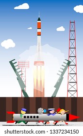 Rocket launch into space from the launch site. Cosmonaut game of children. Vector illustration.
