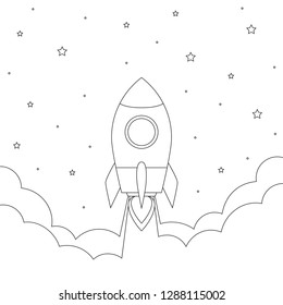 rocket launch into space with smoke and stars design for coloring book vector illustration EPS10