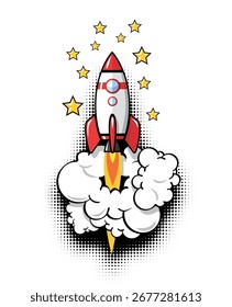 Rocket launch into space with stars. Business startup icon, web banner in comic style. Vector on transparent background.
