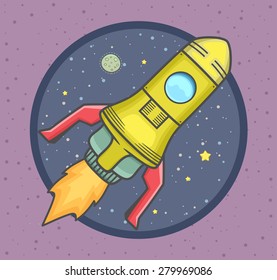 Rocket launch into space with stars and planet in background. Vector Illustration.