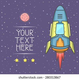 Rocket launch into space with stars and planet in background. copy space for your text. Vector Illustration.