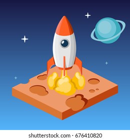 Rocket launch into space from uninhabited planet isometric style colorful vector illustration