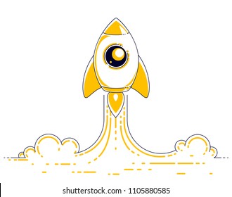 Rocket launch into undiscovered space. Explore universe, breathtaking space science. Thin line 3d vector illustration isolated on white.