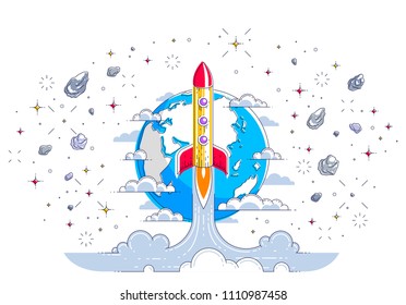 Rocket launch into undiscovered space with planet earth in background, surrounded by comets, asteroid, meteors and stars. Explore universe, space science. Thin line 3d vector illustration.
