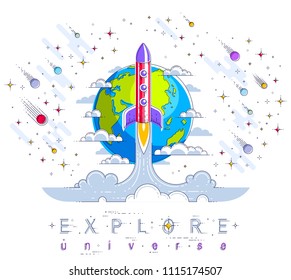 Rocket launch into undiscovered space with planet earth in background, surrounded by comets, asteroid, meteors and stars. Explore universe, space science. Thin line 3d vector illustration.