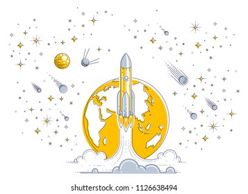 Rocket launch into undiscovered space with planet earth in background, surrounded by comets, asteroid, meteors and stars. Explore universe, space science. Thin line 3d vector illustration.