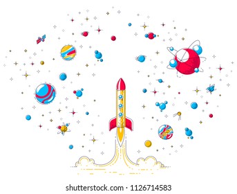 Rocket launch into undiscovered space, surrounded by fantastic planets, stars and other elements. Explore universe, space science. Thin line 3d vector illustration isolated on white.