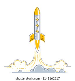 Rocket launch into undiscovered space. Explore universe, breathtaking space science. Thin line 3d vector illustration isolated on white.