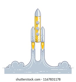 Raketenstart in unentdeckten Raum. Entdecken Sie das Universum, atemberaubende Weltraumwissenschaft. Dünne, 3D-Vektorgrafik einzeln auf Weiß.