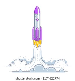 Rocket launch into undiscovered space. Explore universe, breathtaking space science. Thin line 3d vector illustration isolated on white.