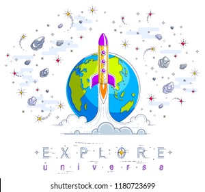 Rocket launch into undiscovered space with planet earth in background, surrounded by comets, asteroid, meteors and stars. Explore universe, space science. Thin line 3d vector illustration.