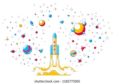 Rocket launch into undiscovered space, surrounded by fantastic planets, stars and other elements. Explore universe, space science. Thin line 3d vector illustration isolated on white.