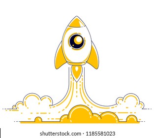 Lanzamiento del cohete en un espacio sin descubrir. Explora el universo, la impresionante ciencia espacial. Ilustración vectorial 3d de línea delgada aislada en blanco.