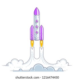 Rocket launch into undiscovered space. Explore universe, breathtaking space science. Thin line 3d vector illustration isolated on white.