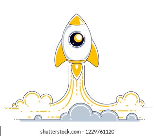 Rocket launch into undiscovered space. Explore universe, breathtaking space science. Thin line 3d vector illustration isolated on white.