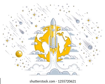 Rocket launch into undiscovered space with planet earth in background, surrounded by comets, asteroid, meteors and stars. Explore universe, space science. Thin line 3d vector illustration.