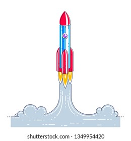 Rocket launch into undiscovered space. Explore universe, breathtaking space science. Thin line 3d vector illustration isolated on white.