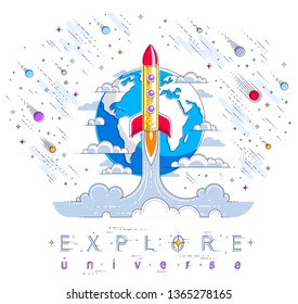 Rocket launch into undiscovered space with planet earth in background, surrounded by comets, asteroid, meteors and stars. Explore universe, space science. Thin line 3d vector illustration.